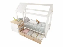 Cama infantil cabina - 90 x 200 cm - con 1 cajón + mesita de noche extraíble - cama de suelo - Pino + MDF - natural + blanco^Merax Hot