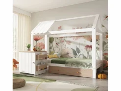 Cama infantil cabina - 90 x 200 cm - con 1 cajón + mesita de noche extraíble - cama de suelo - Pino + MDF - natural + blanco^Merax Hot