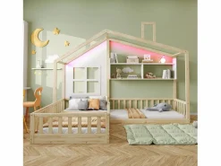 Merax Cama infantil cabina - 90 x 200 cm + 140 x 70 cm - con estantes - MDF + pino - Somier de láminas incluido - natural Color natural claro Best