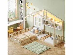 Merax Cama infantil cabina - 90 x 200 cm + 140 x 70 cm - con estantes - MDF + pino - Somier de láminas incluido - natural Color natural claro Best