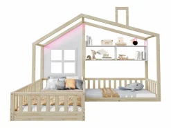 Merax Cama infantil cabina - 90 x 200 cm + 140 x 70 cm - con estantes - MDF + pino - Somier de láminas incluido - natural Color natural claro Best