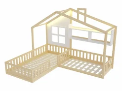 Merax Cama infantil cabina - 90 x 200 cm + 140 x 70 cm - con estantes - MDF + pino - Somier de láminas incluido - natural Color natural claro Best