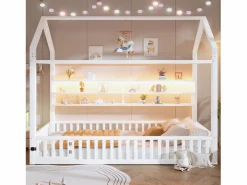 Hauss Spole Cama Montessori|Cama infantil cabina 90x200 cm con estantes de almacenaje e iluminación LED - Sin somier -