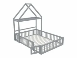 ModernLuxe Cama infantil cabina 140x200 cm de madera maciza - con barra para ropa - Gris Outlet
