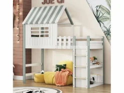 OKWISH Cama infantil cabina 90x200 cm de madera maciza con techo y compartimento de almacenamiento - Verde Discount
