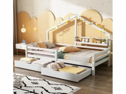 Cama Montessori|Cama infantil cabina 90x200 cm con somier de láminas - protección anticaídas, 2 cajones y balda de almacenaje - madera - (sin colchón)