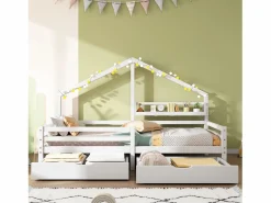 Cama Montessori|Cama infantil cabina 90x200 cm con somier de láminas - protección anticaídas, 2 cajones y balda de almacenaje - madera - (sin colchón)
