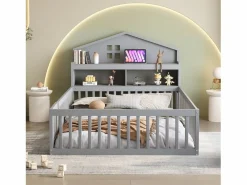 Hauss Spole Cama Montessori|Cama infantil cabina 140x200 cm con barandillas de seguridad, estantes y almacenaje en color (sin colchón)