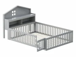 Hauss Spole Cama Montessori|Cama infantil cabina 140x200 cm con barandillas de seguridad, estantes y almacenaje en color (sin colchón)