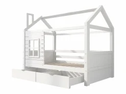 Cama infantil cabina 90x200 cm con somier de láminas - protección anticaídas 2 cajones de almacenaje - madera - (sin colchón)^