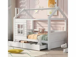 Cama infantil cabina 90x200 cm con somier de láminas - protección anticaídas 2 cajones de almacenaje - madera - (sin colchón)^