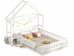 ModernLuxe Cama Montessori|Cama infantil cabina 140x200 cm con mesita de noche y barandillas de seguridad - somier -