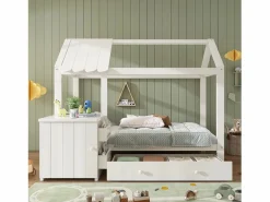 Cama infantil cabina 90x200 cm con base - 1 cajón y mesita de noche extraíble - blanca (sin colchón)^