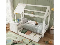 Cama infantil cabina 90x200 cm con base - 1 cajón y mesita de noche extraíble - blanca (sin colchón)^