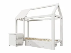 Cama infantil cabina 90x200 cm con base - 1 cajón y mesita de noche extraíble - blanca (sin colchón)^