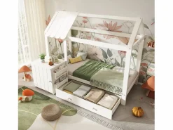 Cama infantil cabina 90x200 cm con base - 1 cajón y mesita de noche extraíble - blanca (sin colchón)^