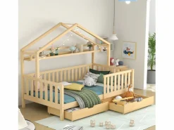 Cama Montessori|Cama infantil cabina 90x200cm con protección anticaídas - 2 cajones y balda de almacenaje - madera - natural (sin colchón)