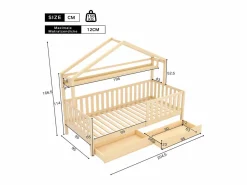 Cama Montessori|Cama infantil cabina 90x200cm con protección anticaídas - 2 cajones y balda de almacenaje - madera - natural (sin colchón)