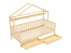 Cama Montessori|Cama infantil cabina 90x200cm con protección anticaídas - 2 cajones y balda de almacenaje - madera - natural (sin colchón)