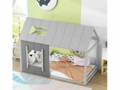 Cama infantil cabina 90x200cm con base, techo y ventana, madera, (sin colchón) Gris