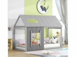Cama infantil cabina 90x200cm con base, techo y ventana, madera, (sin colchón) Gris