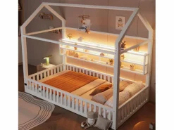 Merax Cama Montessori|Cama infantil con plataforma en forma de casa - 90 x 200 cm - con barandilla + LED + almacenaje - metal -