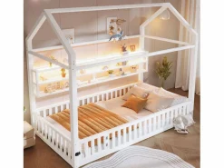 Merax Cama Montessori|Cama infantil con plataforma en forma de casa - 90 x 200 cm - con barandilla + LED + almacenaje - metal -