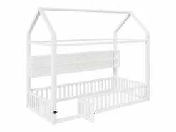 Merax Cama Montessori|Cama infantil con plataforma en forma de casa - 90 x 200 cm - con barandilla + LED + almacenaje - metal -