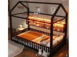 Merax Cama infantil con plataforma en forma de casa - 90 x 200 cm - con barandilla + LED + almacenaje - metal - Negro Outlet