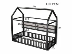 Merax Cama infantil con plataforma en forma de casa - 90 x 200 cm - con barandilla + LED + almacenaje - metal - Negro Outlet