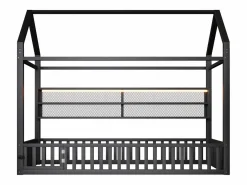 Merax Cama infantil con plataforma en forma de casa - 90 x 200 cm - con barandilla + LED + almacenaje - metal - Negro Outlet
