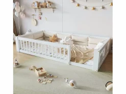 Cama infantil con plataforma - 90 x 200 cm - con barandilla - con somier de láminas - madera + MDF -^Merax Hot