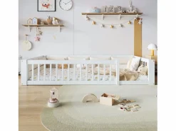 Cama infantil con plataforma - 90 x 200 cm - con barandilla - con somier de láminas - madera + MDF -^Merax Hot