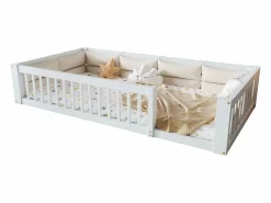 Cama infantil con plataforma - 90 x 200 cm - con barandilla - con somier de láminas - madera + MDF -^Merax Hot
