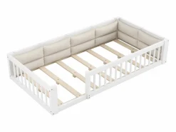 Cama infantil con plataforma - 90 x 200 cm - con barandilla - con somier de láminas - madera + MDF -^Merax Hot