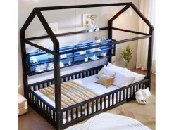 ModernLuxe Cama infantil de metal 90x200 cm - Motivo de casa - con barrera de seguridad - con luces LED - ​ (Colchón no incluido) Negro