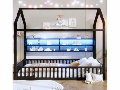 ModernLuxe Cama infantil de metal 90x200 cm - Motivo de casa - con barrera de seguridad - con luces LED - ​ (Colchón no incluido) Negro