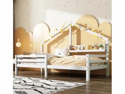 Cama infantil de 90x200 cm con somier de láminas, protección anticaídas y estantería, madera, color (sin colchón)^ Outlet