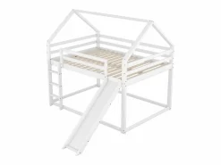 Cama infantil doble cabina 140x200cm - litera con tobogán y escalera, protección anticaídas dormitorio infantil - Blanco Hot