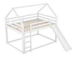 Cama infantil doble cabina 140x200cm - litera con tobogán y escalera, protección anticaídas dormitorio infantil - Blanco Hot