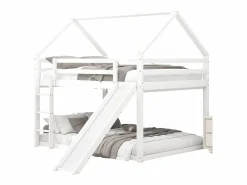 Cama infantil doble cabina 140x200cm - litera con tobogán y escalera, protección anticaídas dormitorio infantil - Blanco Hot