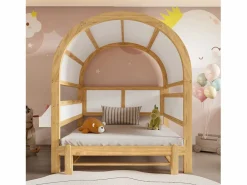 Merax Cama Diván|Cama infantil extensible con techo arqueado - 140 x 200 cm - pequeña estantería lateral - pino y MDF - y natural