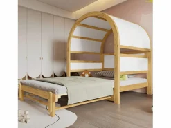 Merax Cama Diván|Cama infantil extensible con techo arqueado - 140 x 200 cm - pequeña estantería lateral - pino y MDF - y natural