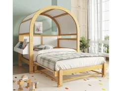 Merax Cama Diván|Cama infantil extensible con techo arqueado - 140 x 200 cm - pequeña estantería lateral - pino y MDF - y natural