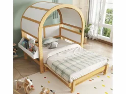 Merax Cama Diván|Cama infantil extensible con techo arqueado - 140 x 200 cm - pequeña estantería lateral - pino y MDF - y natural