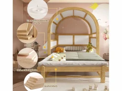 Merax Cama Diván|Cama infantil extensible con techo arqueado - 140 x 200 cm - pequeña estantería lateral - pino y MDF - y natural