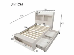 KOMHTOM Cama Con Almacenaje|Cama Infantil|Cama infantil individual 90x200 cm con cajones, estantes y banco con espacio de almacenamiento, color + roble