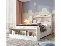 KOMHTOM Cama Con Almacenaje|Cama Infantil|Cama infantil individual 90x200 cm con cajones, estantes y banco con espacio de almacenamiento, color + roble