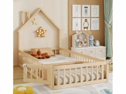 Merax Cama infantil tipo cabina - 90 x 200 cm - forma de chimenea - con somier + puerta - pino - natural Color natural claro Online