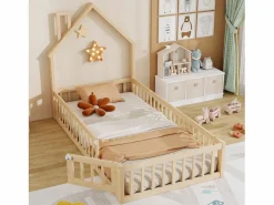Merax Cama infantil tipo cabina - 90 x 200 cm - forma de chimenea - con somier + puerta - pino - natural Color natural claro Online